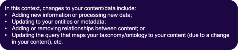 The context of changes to your data In this context, changes to your content/data include: adding new information or processing new data; updating to your entities or metadata; adding or removing relationships between content; or, updating the query that maps your taxonomy/ontology to your content (due to a change in your content), etc.